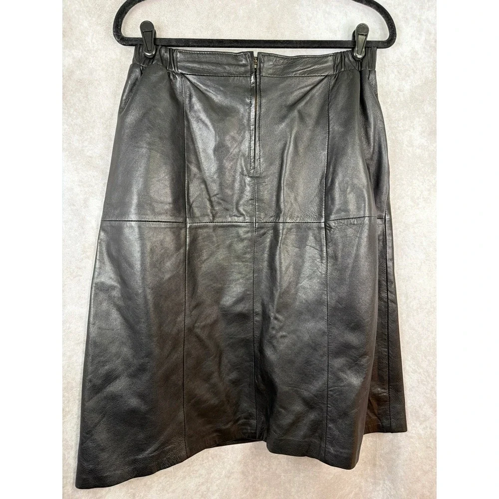 VTG Deerskin Leather Skirt Women Size 16 Black A-Line Midi Pockets Elastic Waist